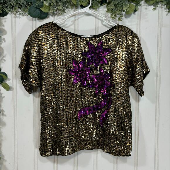 Vintage Sequin Top Gold Purple Embellished Party Sparkly Short Sleeve MEDIUM - Picture 1 of 8
